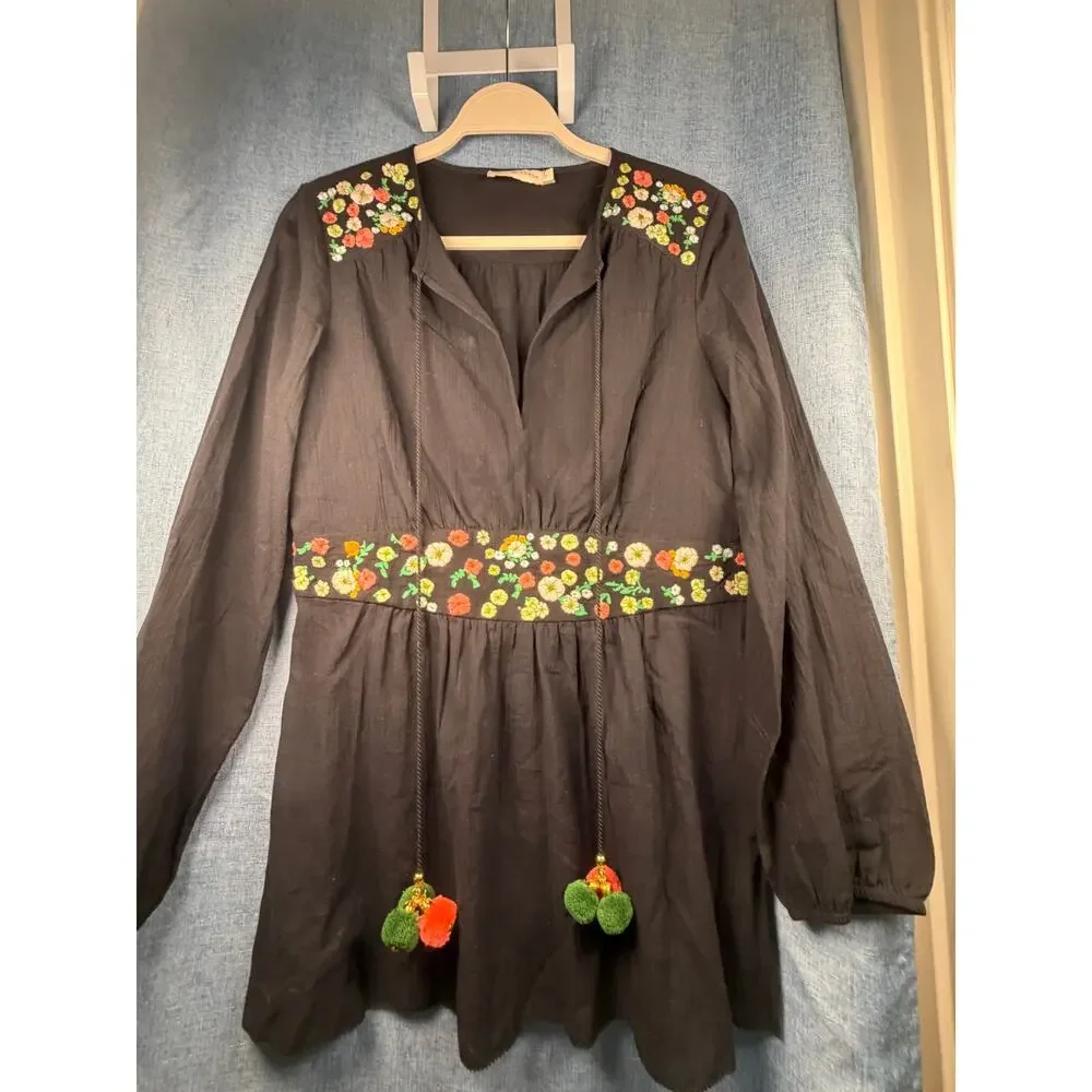 Vintage Black Embroidered Boho Peasant‎ Mini Dress Pom Pom Tassel Tunic